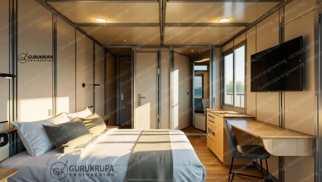 Portable guest house cabin with a modern design, windows, and a clean exterior finish.