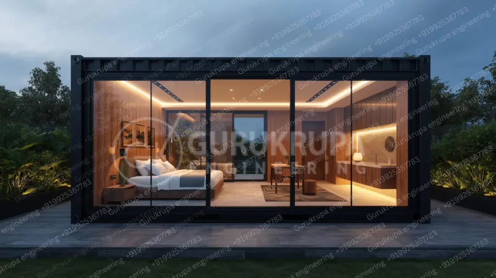 Premium container hotel room made from modular shipping container by Gurukrupa Engineering