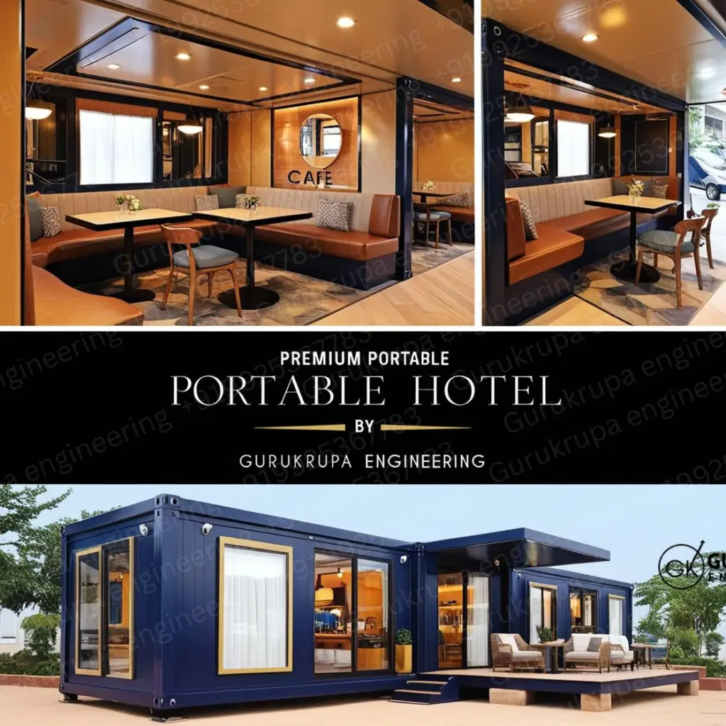 Luxury container hotel room interior with modern bed and lighting